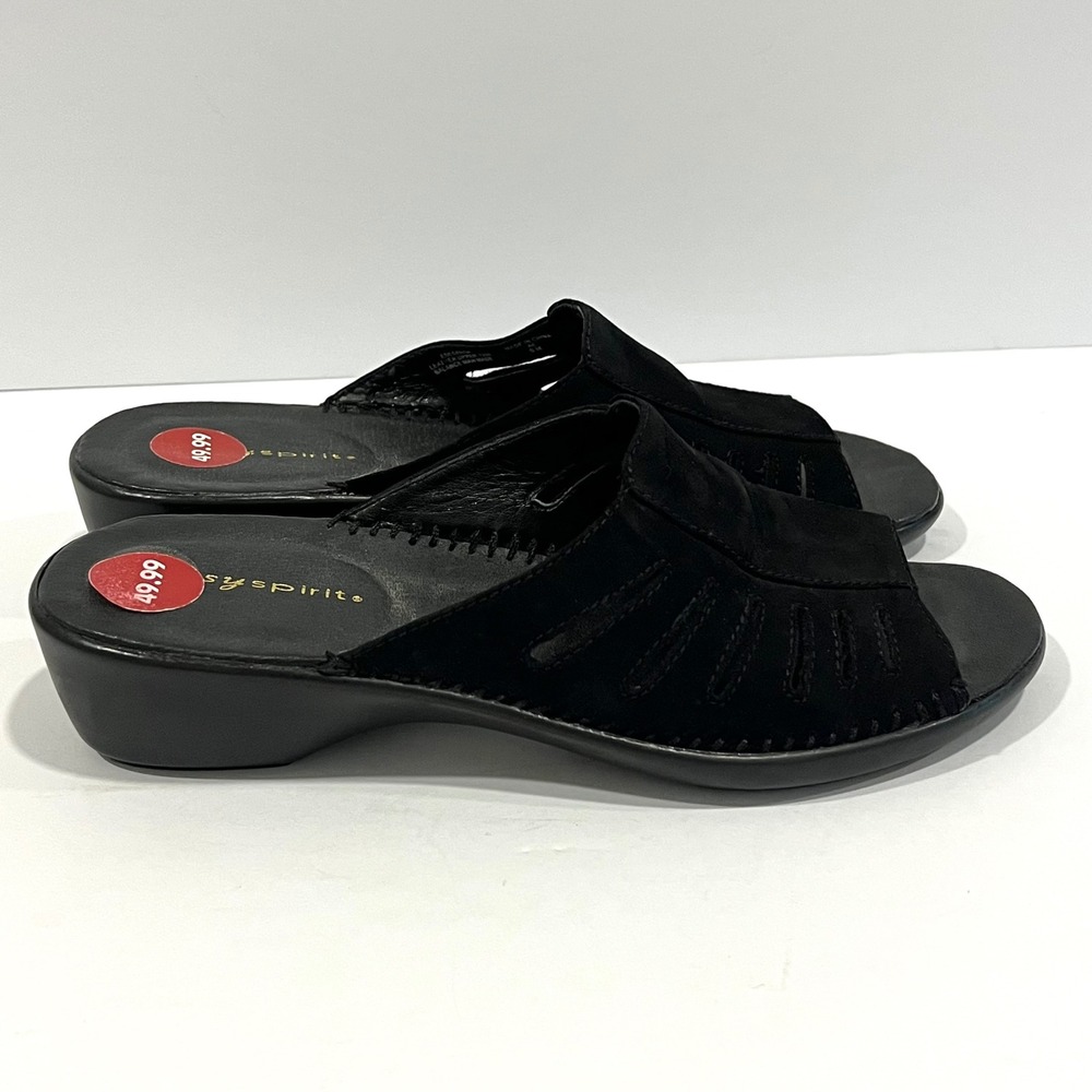Easy Spirit Esespada Women's 6M Black Leather Slide Sandals Wedge Peep Toe Shoes